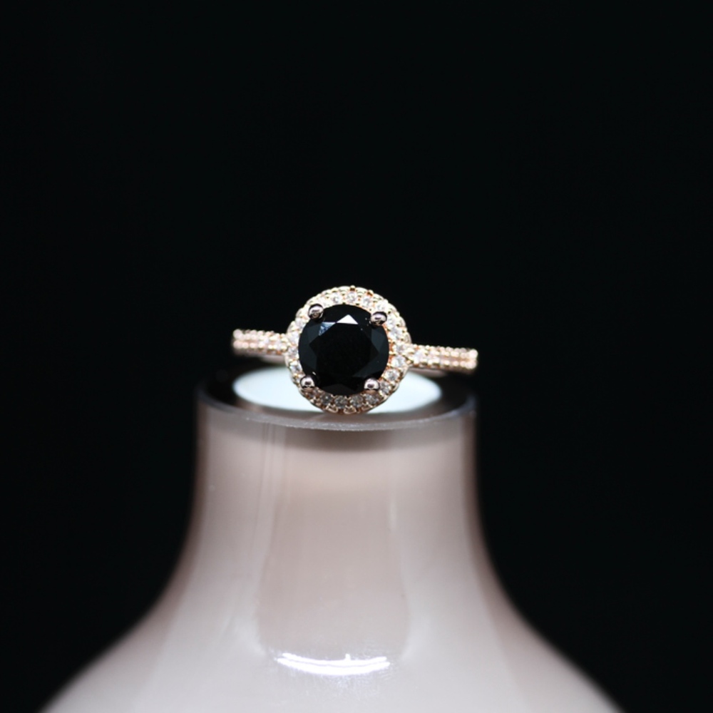 14k Rose Gold Dipped Black Topaz Halo Ring - image 2